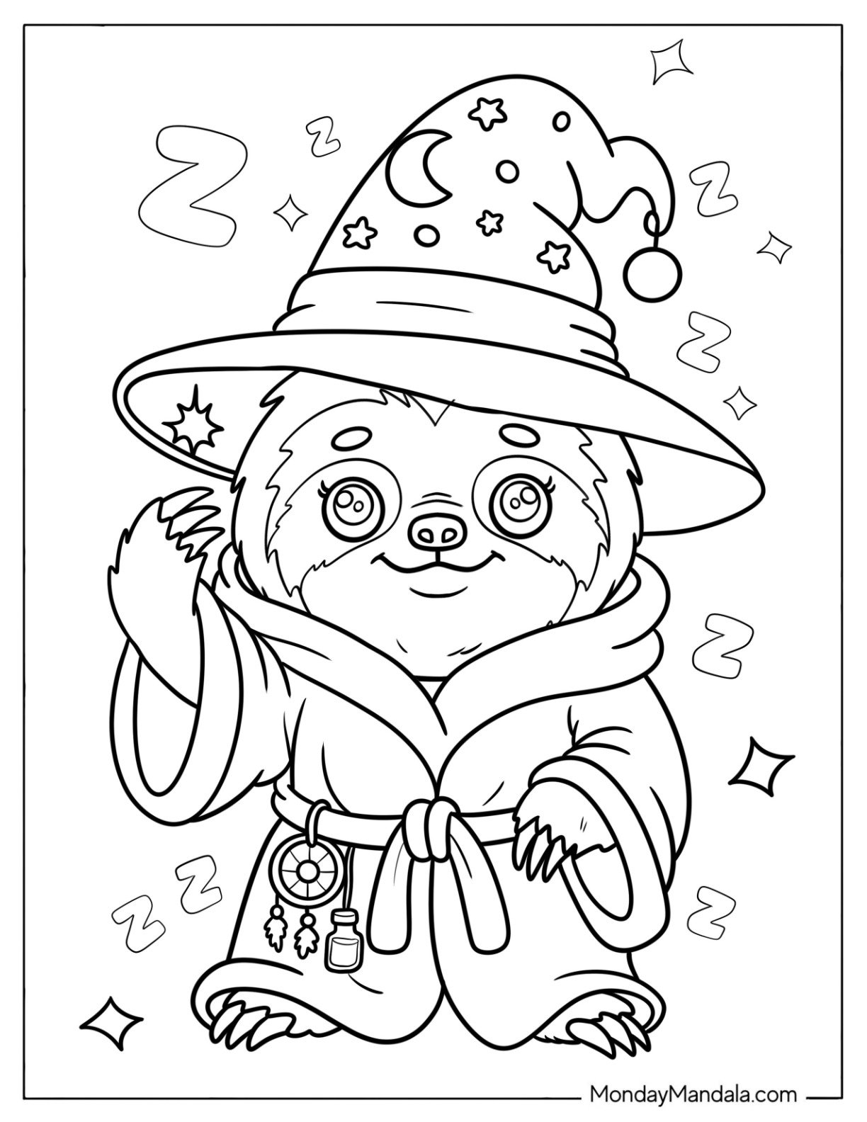 Wizard Sloth Coloring Page in a Hat and Robe for Kids