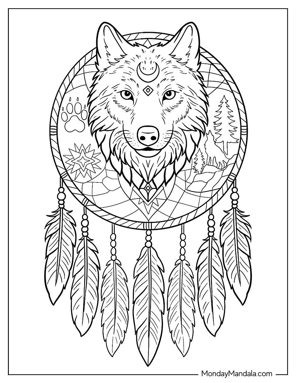 Wolf Coloring Page Head Inside Dreamcatcher with Feathers and Symbols