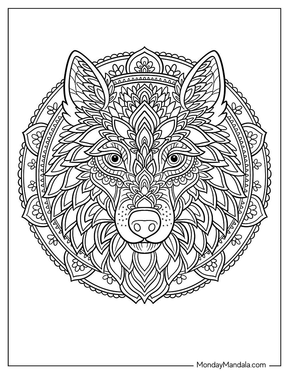 Wolf Coloring Page Head Mandala with Geometric and Floral Patterns