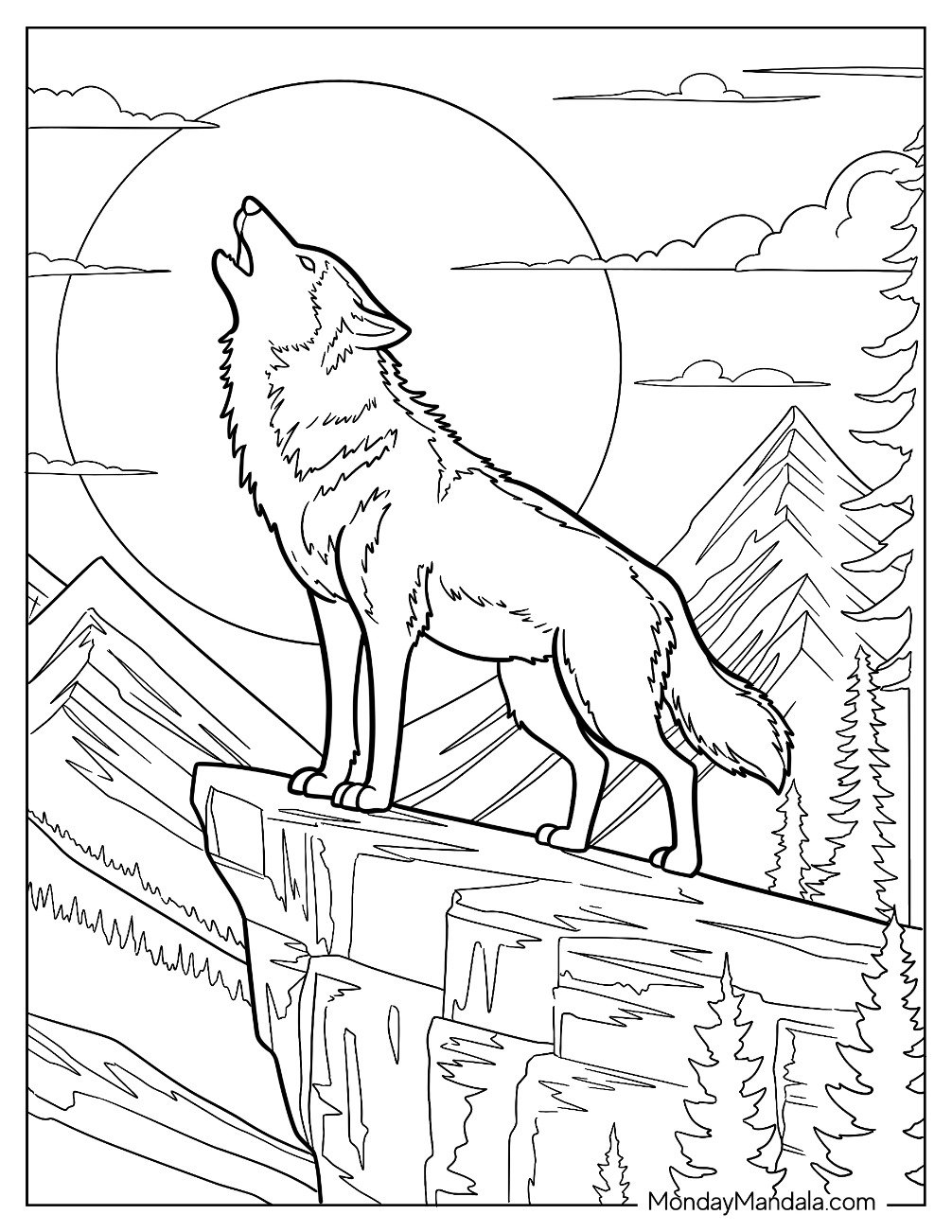 Wolf Coloring Page Howling at Moon on Rocky Ledge with Pine Trees