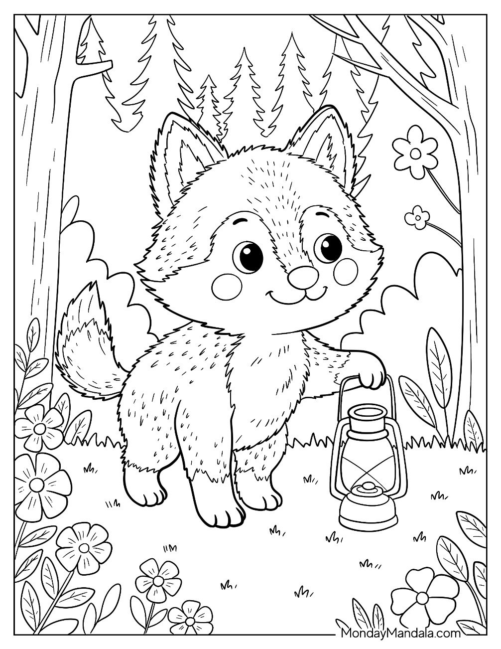 Wolf Coloring Page Pup Walking Through Forest Trail While Carrying a Lantern