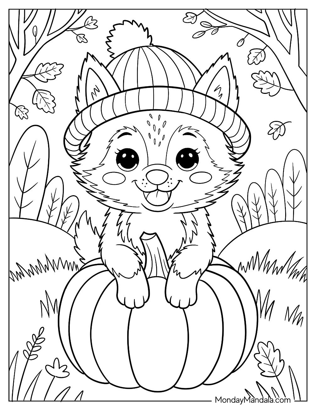Wolf Coloring Page Pup Wearing Knit Hat on Pumpkin with Autumn Leaves and Trees for Kids