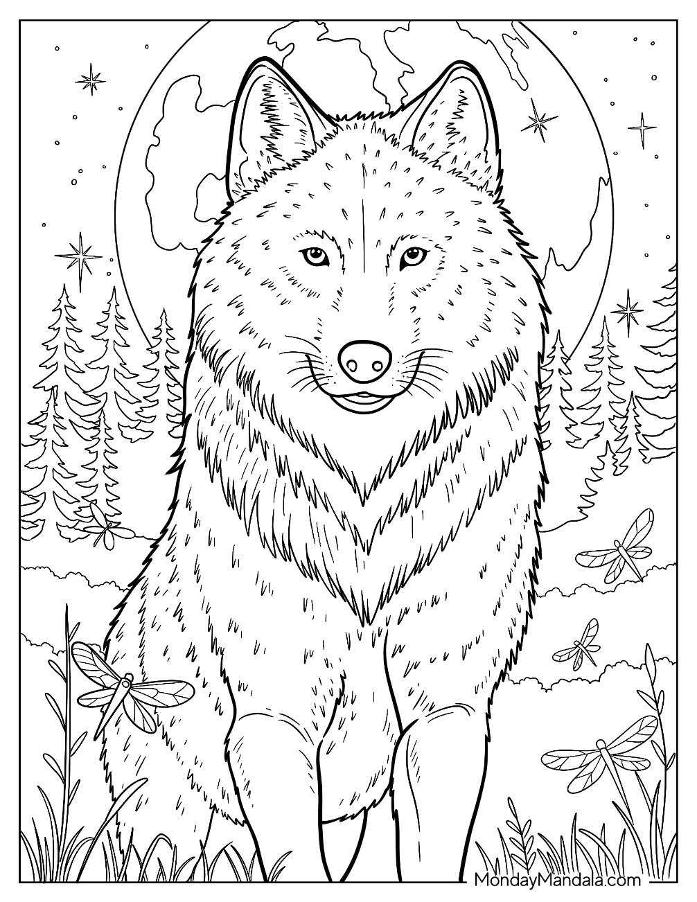Wolf Coloring Page Sitting in Forest Clearing with Moon and Dragonflies