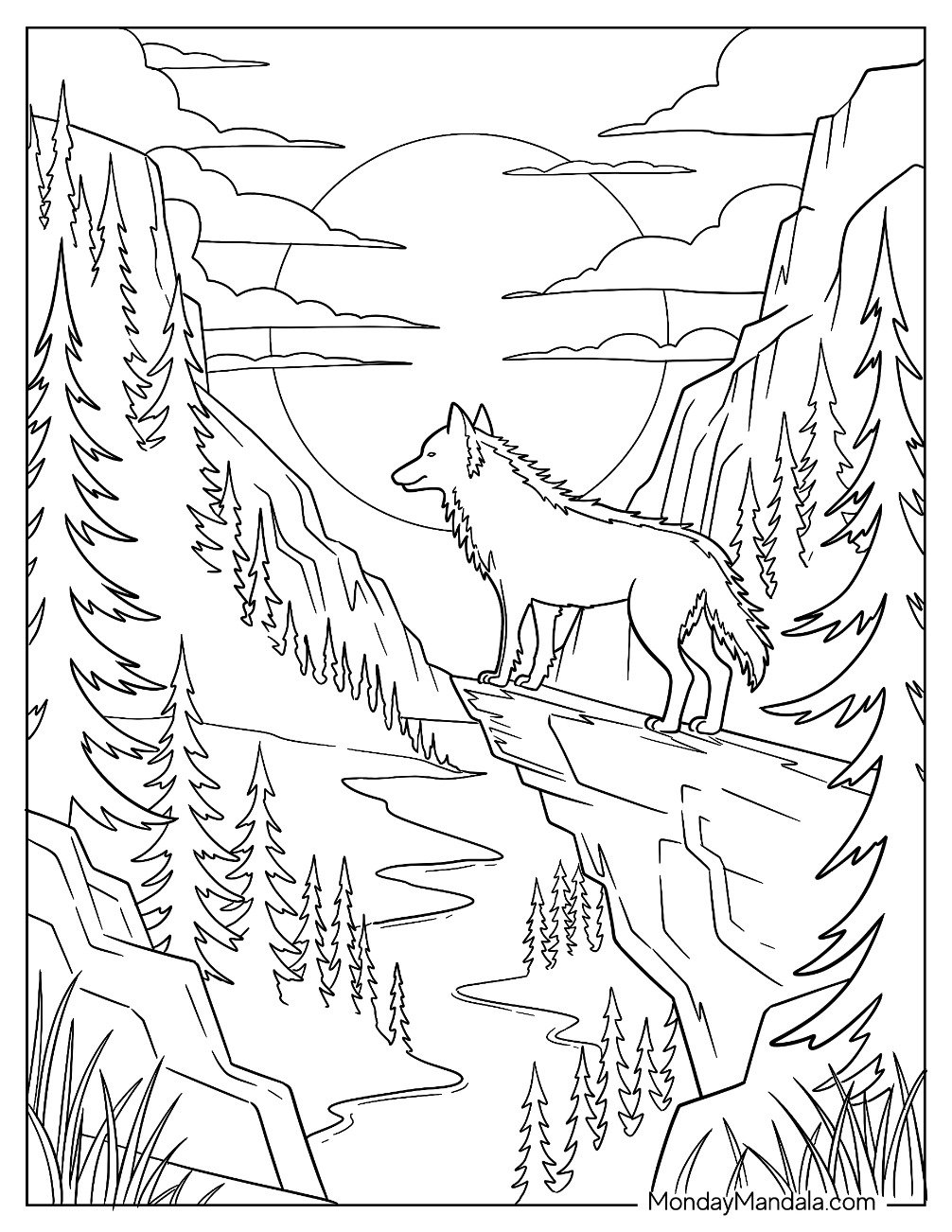 Wolf Coloring Page Standing on Cliff Overlooking River and Pine Valley
