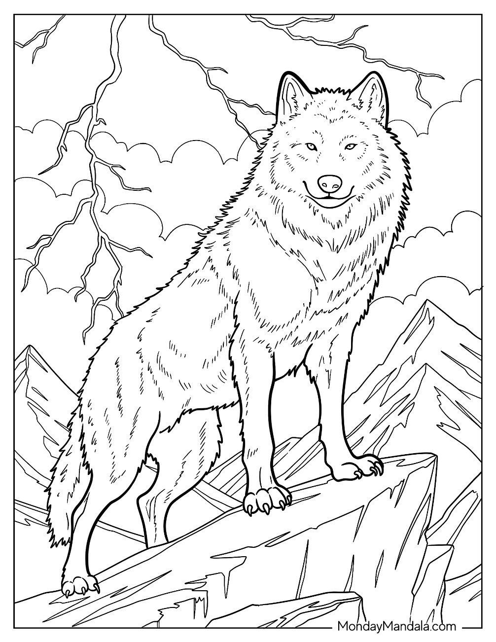 Wolf Coloring Page Standing on Rocky Mountain with Lightning Storm in Sky
