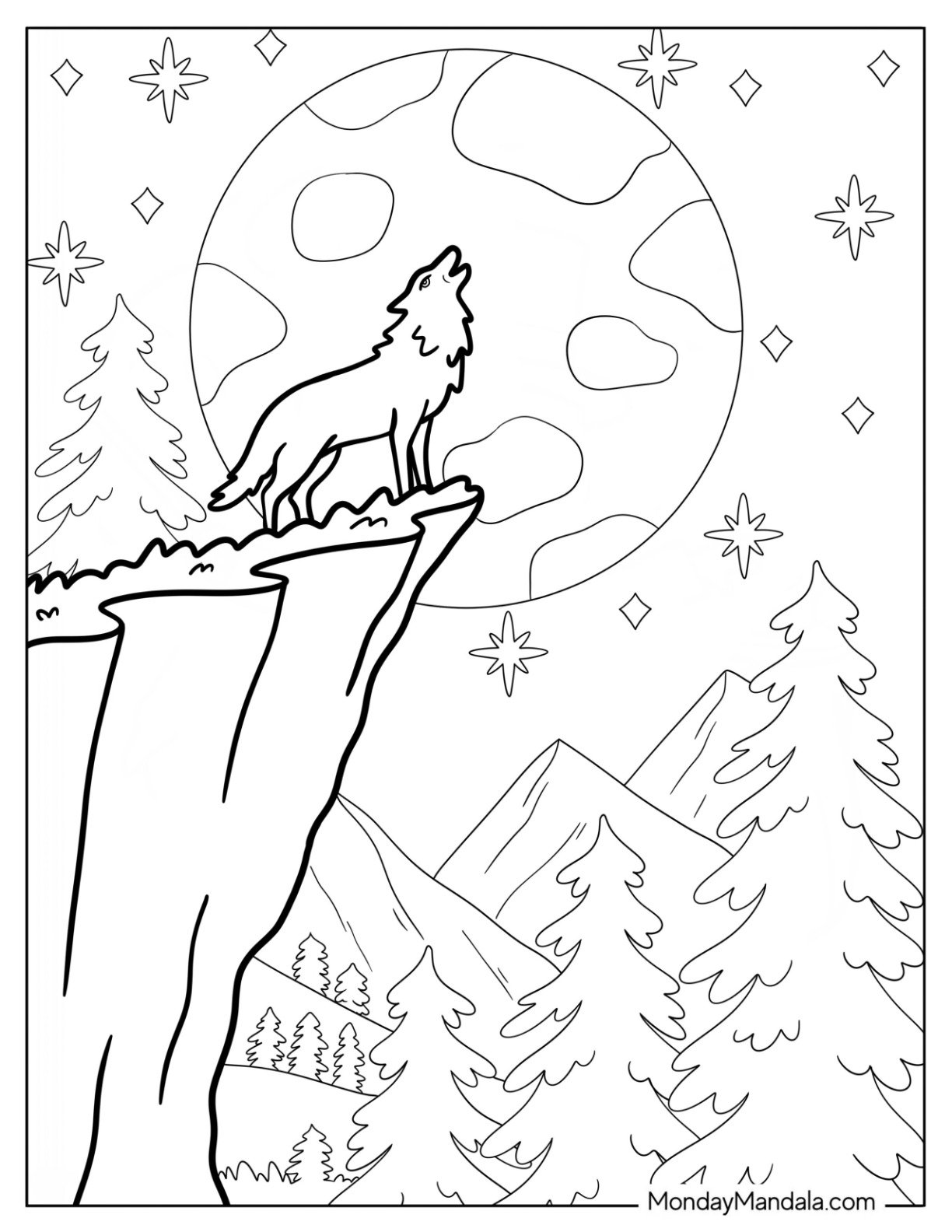 Wolf on a Cliff Howling at Cratered Moon Coloring Page for Kids