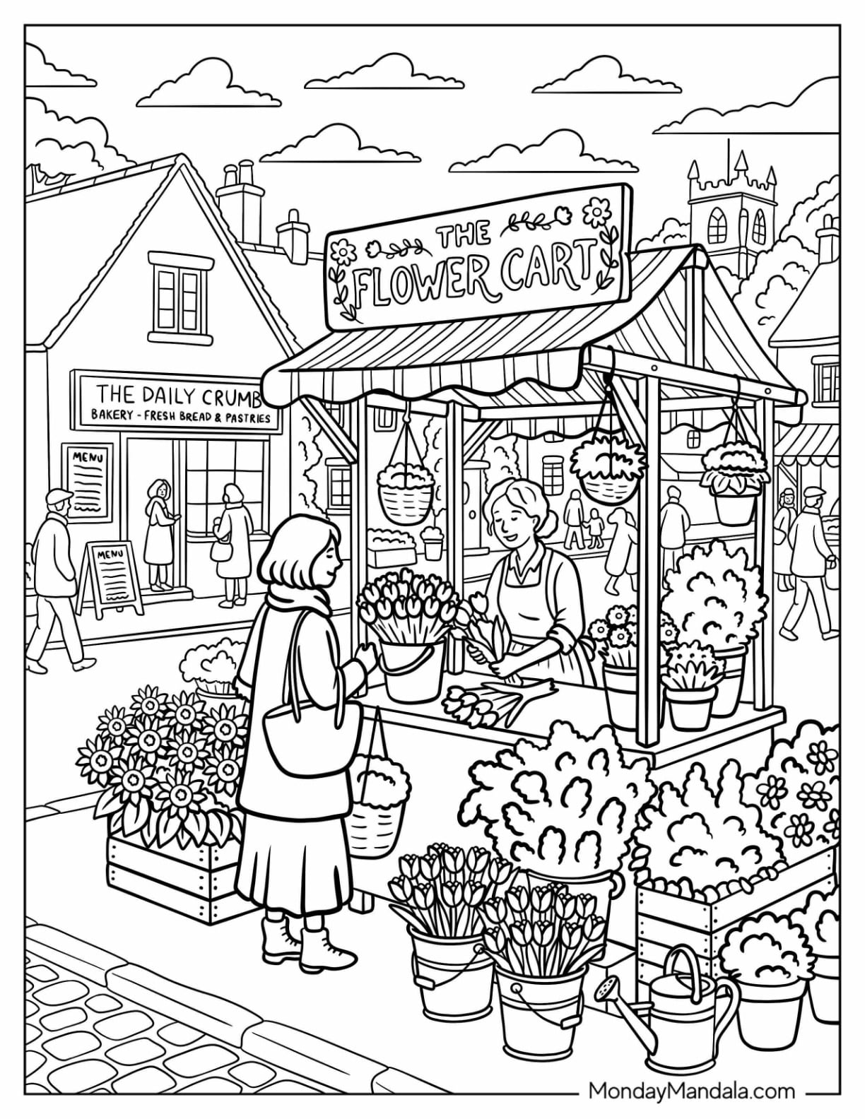 Woman Buying From a Flower Cart Coloring Page for Adults