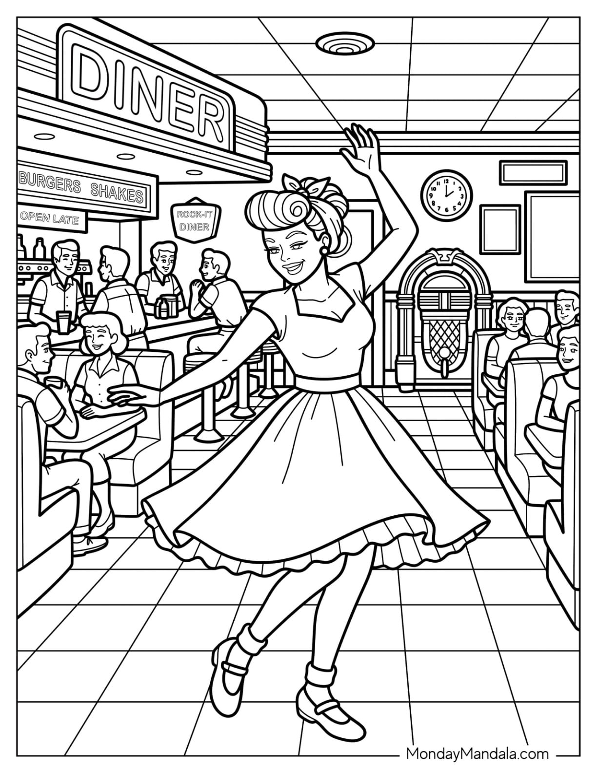Woman Dancing in a 1950s Diner Dress Coloring Sheet
