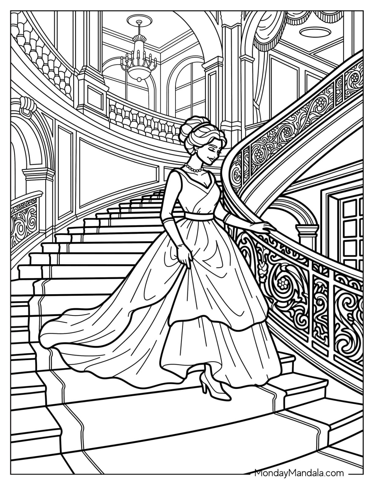 Woman Descending a Grand Staircase in an Elegant Ball Gown