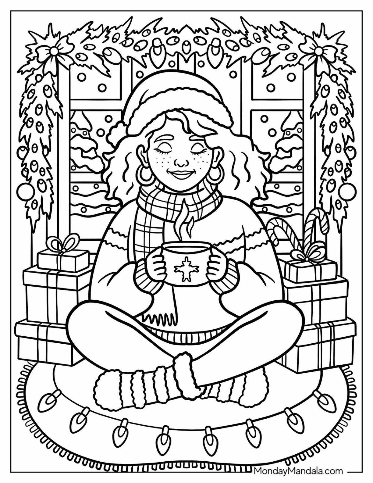Woman Drinking Hot Chocolate in Living Room with Christmas Lights Coloring Page