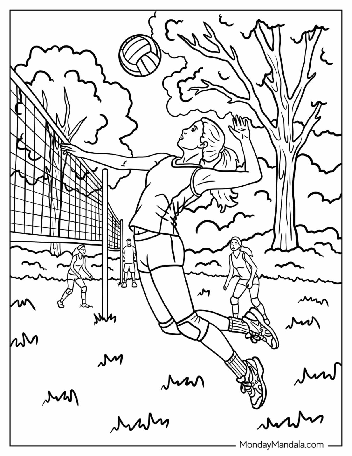 Woman Jumping to Spike a Volleyball in an Outdoor Game Coloring Page