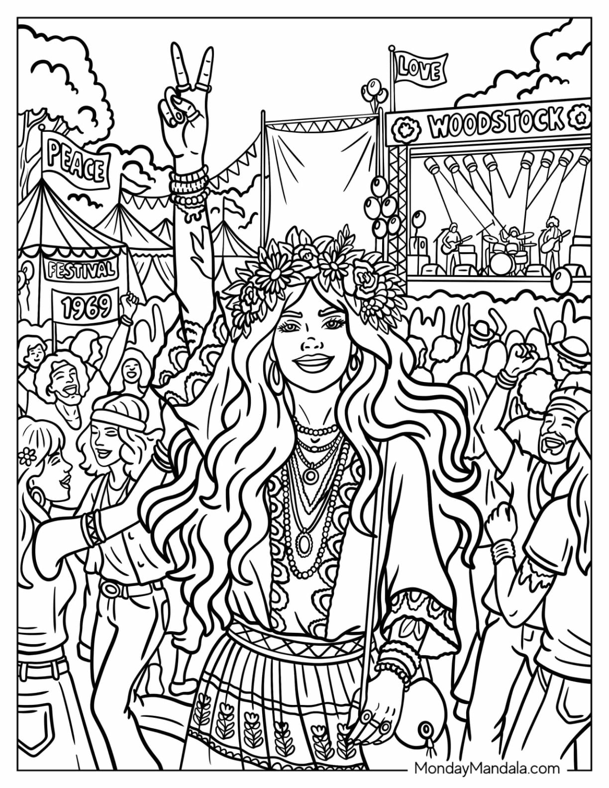 Woman Making Peace Sign at Woodstock Festival Coloring Page