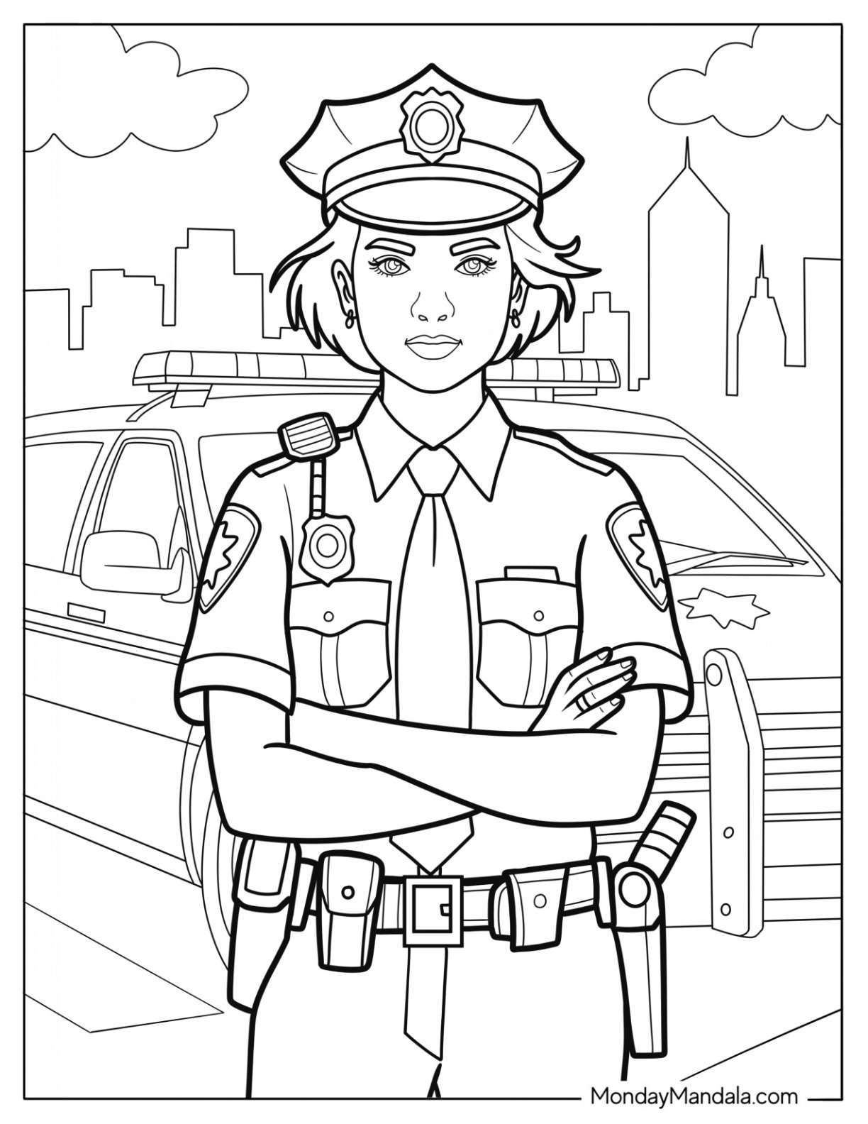 Woman Police Coloring Page on Duty in Front of Squad Car