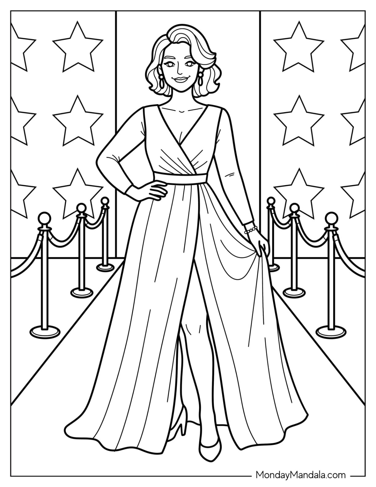 Woman Posing in an Elegant Red Carpet Dress Coloring Page for Kids