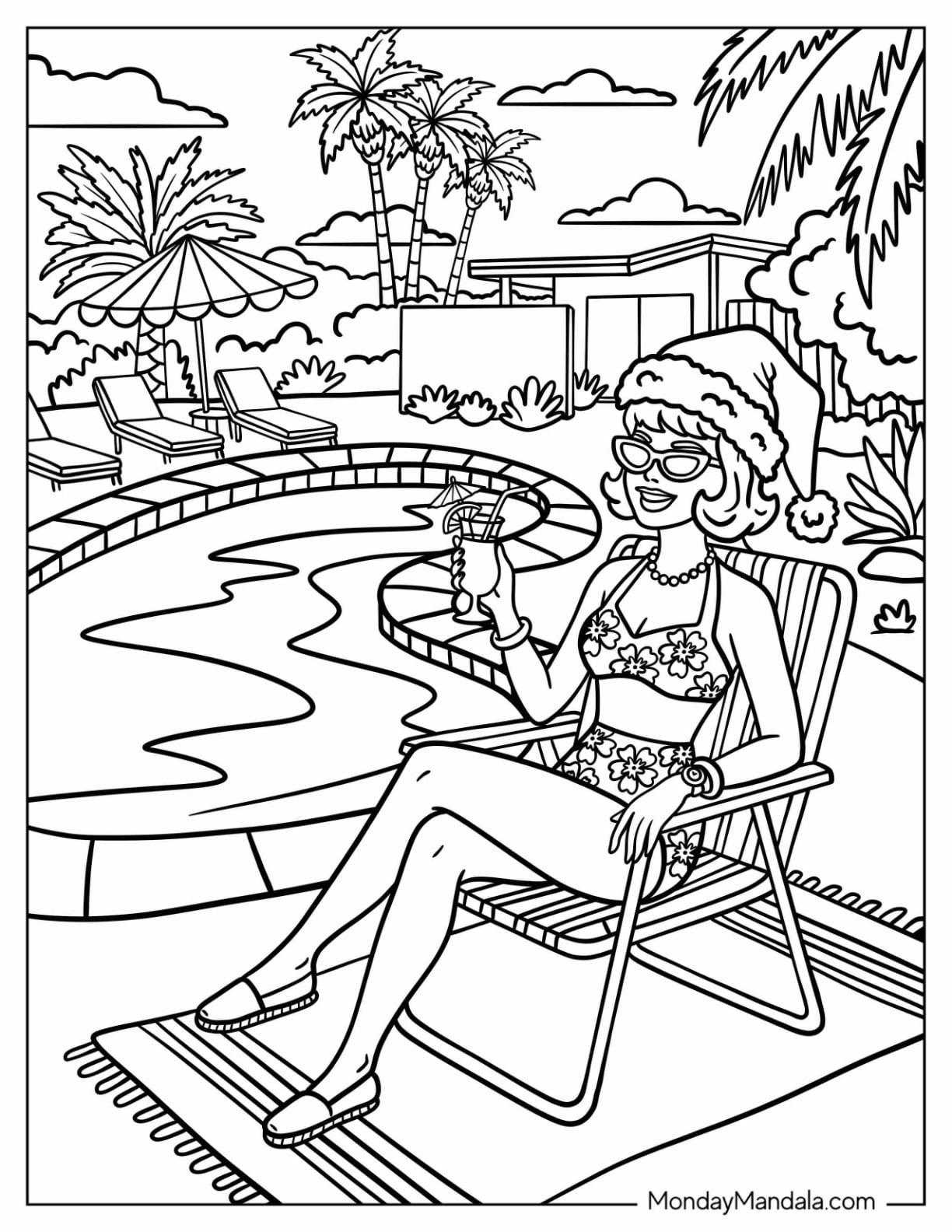 Christmas in July Coloring Page of Woman Relaxing by the Pool in a Santa Hat