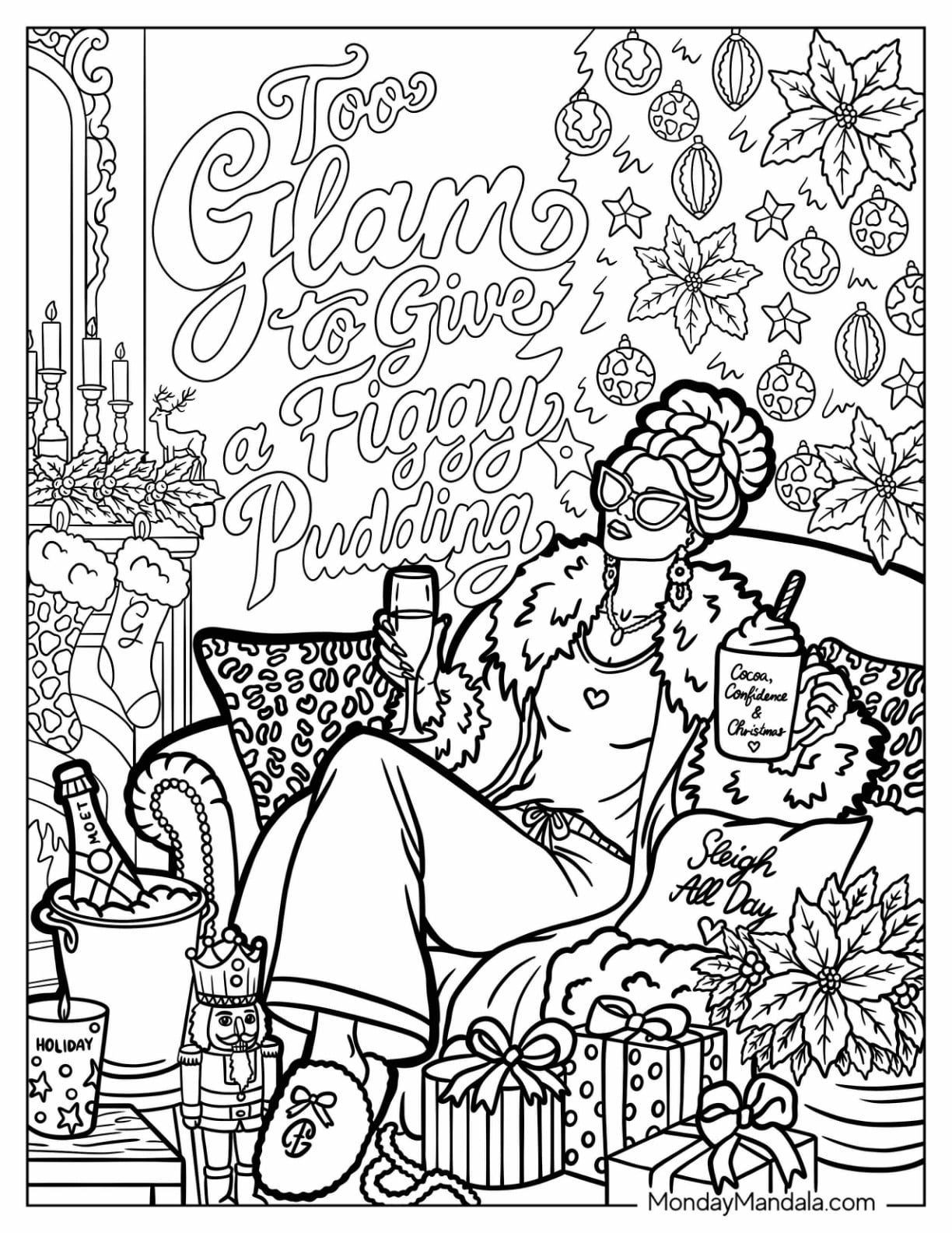 Woman Relaxing with Eggnog, Gifts, and a Decorated Christmas Tree Christmas for Adults Coloring Sheet