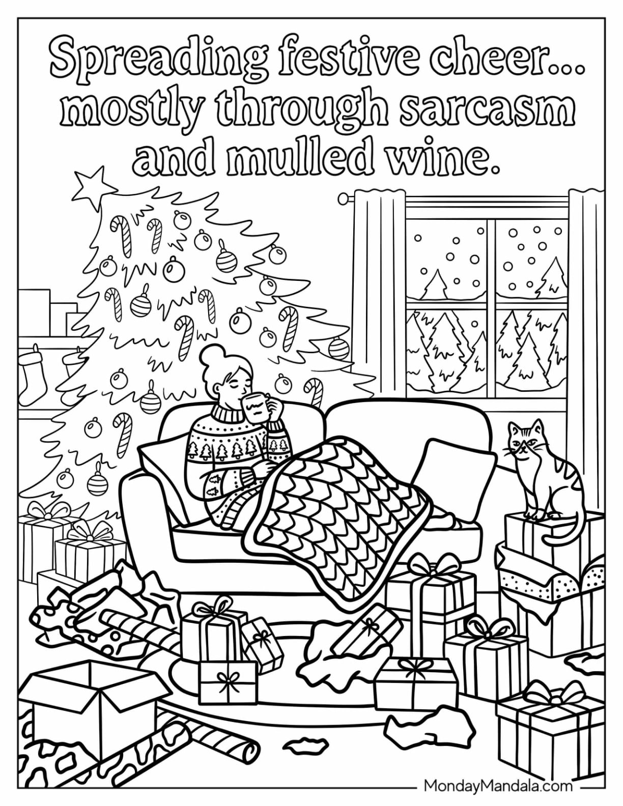Woman Relaxing with Mulled Wine, Gifts, and a Christmas Tree Christmas for Adults Coloring Sheet