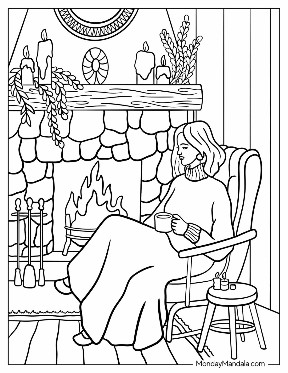 Woman Sitting On A Chair Next To The Fireplace Coloring Page For Kids