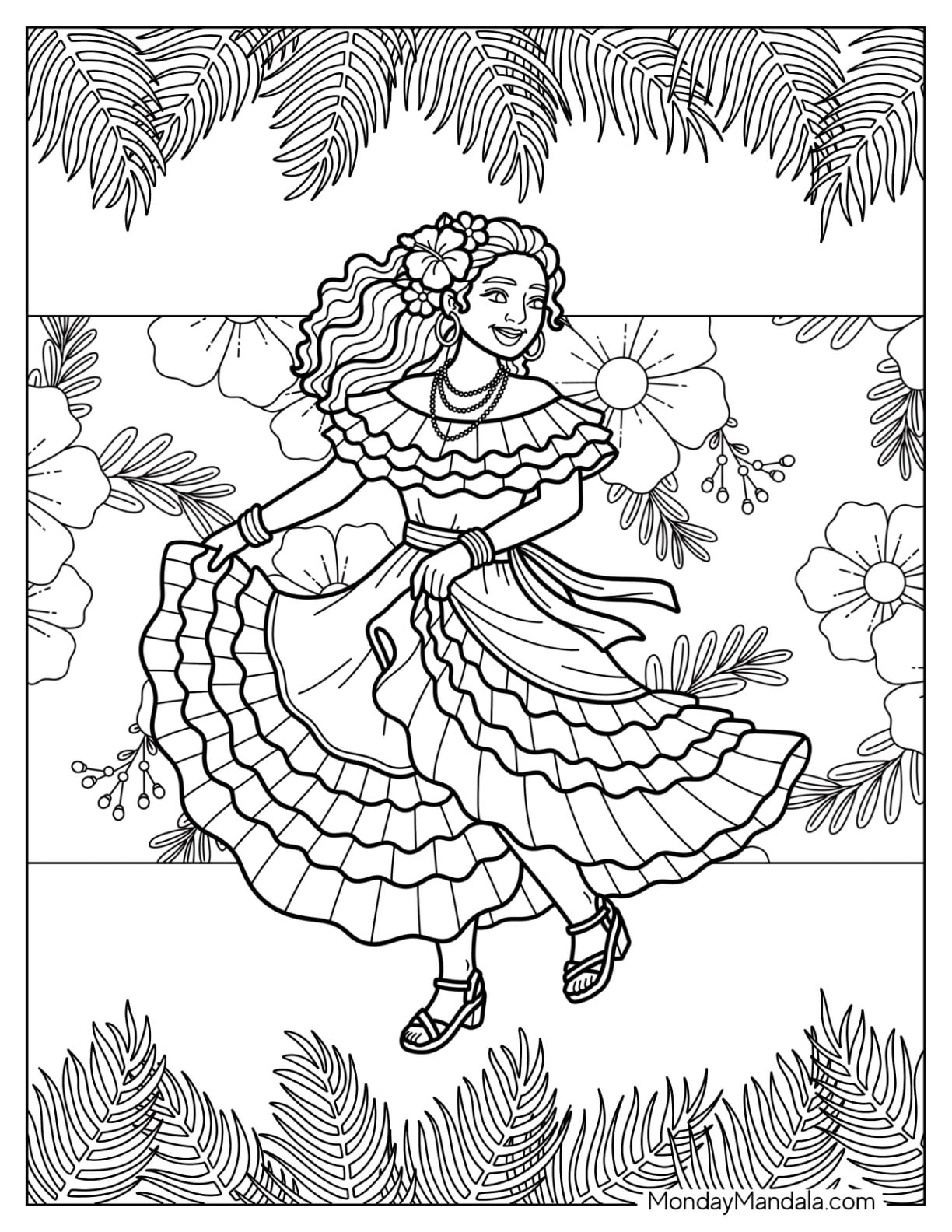 Woman Twirling in a Ruffled Floral Folk Dress Coloring Page