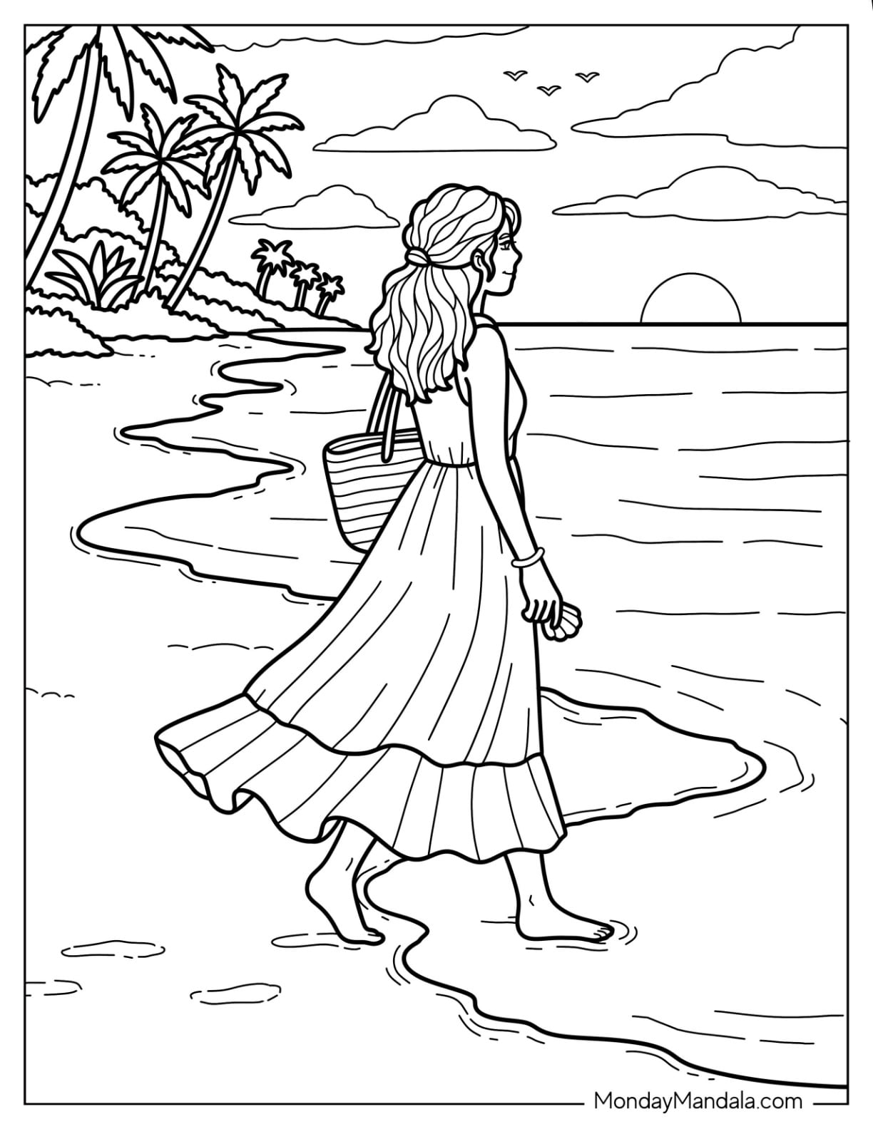 Woman Walking Along the Beach in a Flowing Summer Dress Coloring Page