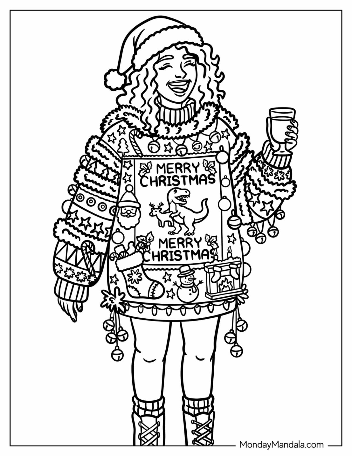 Woman Wearing an Ugly Christmas Sweater and Holding a Festive Drink Coloring Sheet for Adults