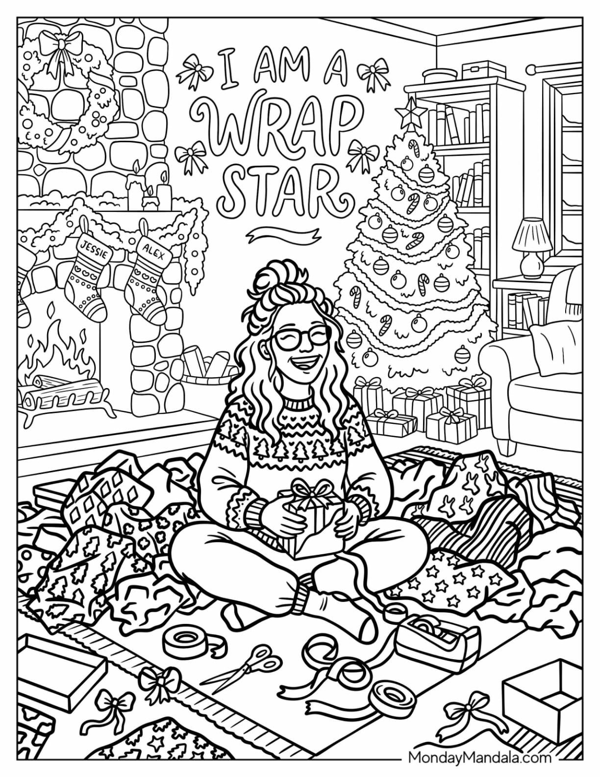 Woman Wrapping Presents Beside a Christmas Tree Christmas for Adults Coloring Page