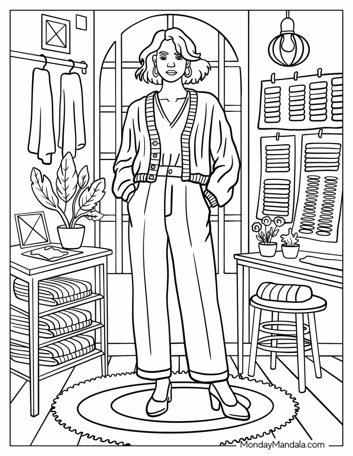 Fashion Coloring Page of Woman in a Chic Modern Outfit with Wide Leg Pants and Cardigan