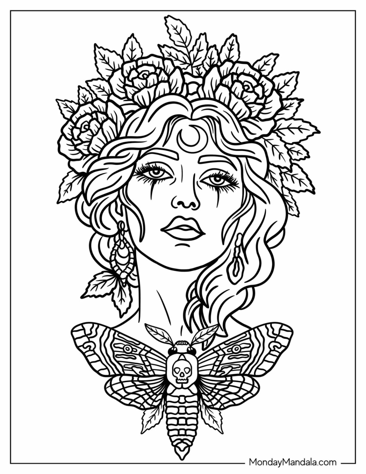 Woman with Floral Crown and Moth Tattoo Coloring Page