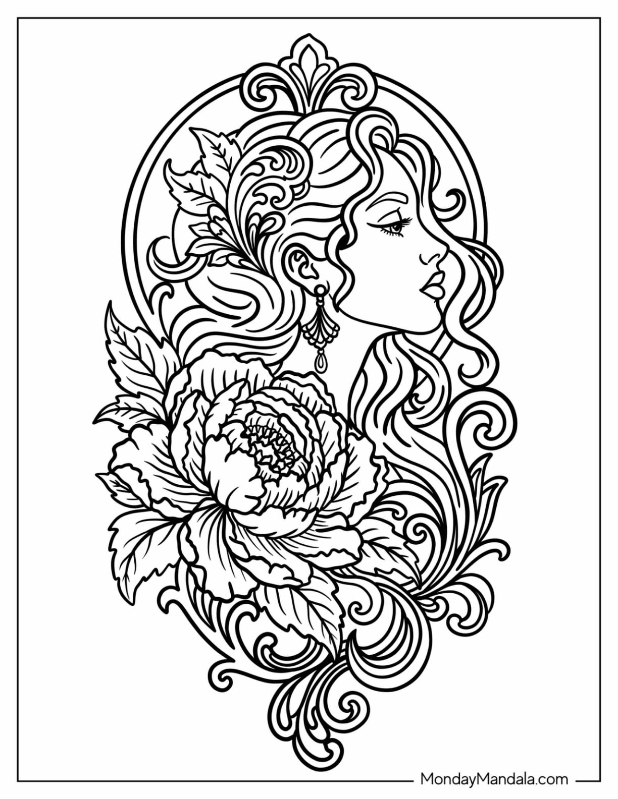 Woman with Peony Flower and Ornamental Swirls Tattoo Coloring Page