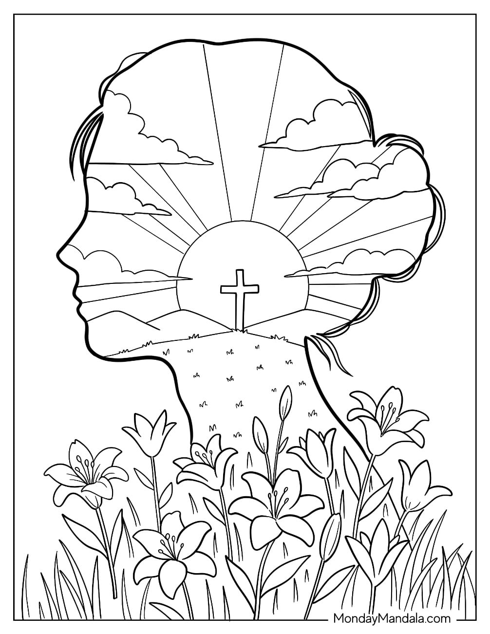 Easter For Adults Coloring Page of Woman s Silhouette Filled with Image of Cross and Sky