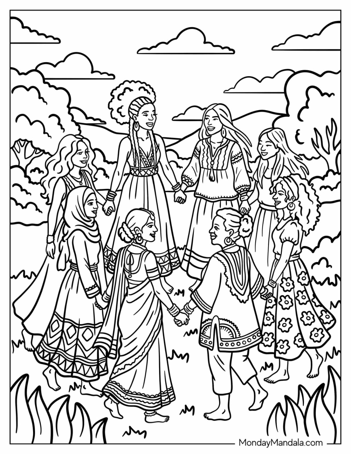 Women Holding Hands in a Peace Circle Coloring Page