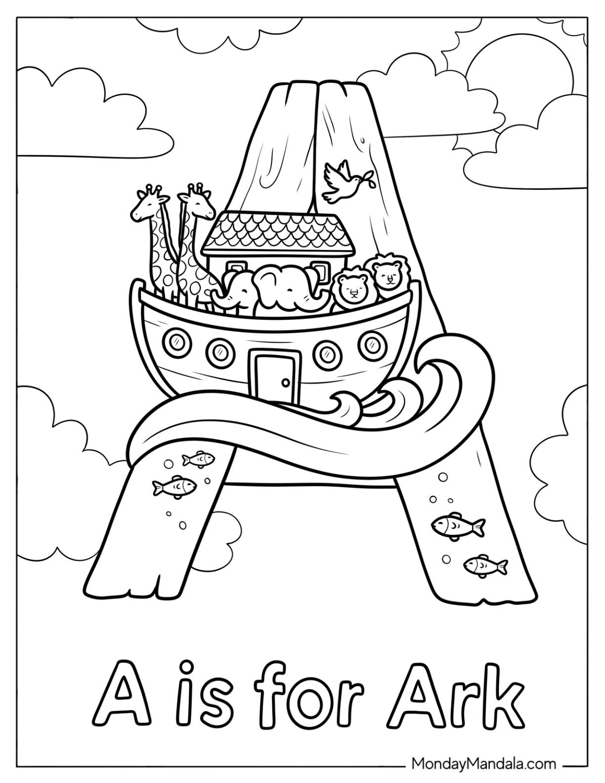 Wooden A is for Noah's Ark Coloring Page in the Clouds