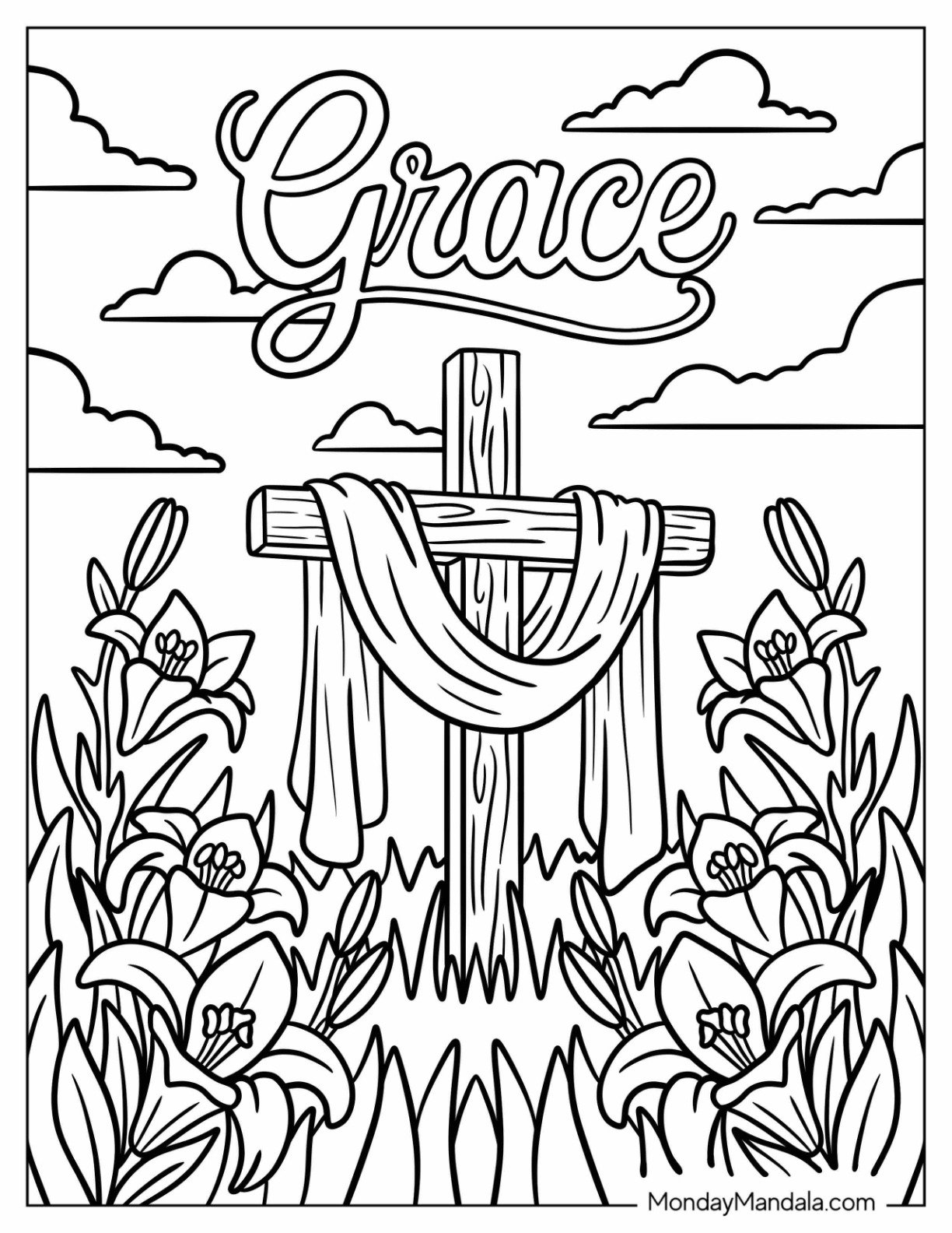 Religious Easter Coloring Page of Wooden Cross with Drapery in Flower Field