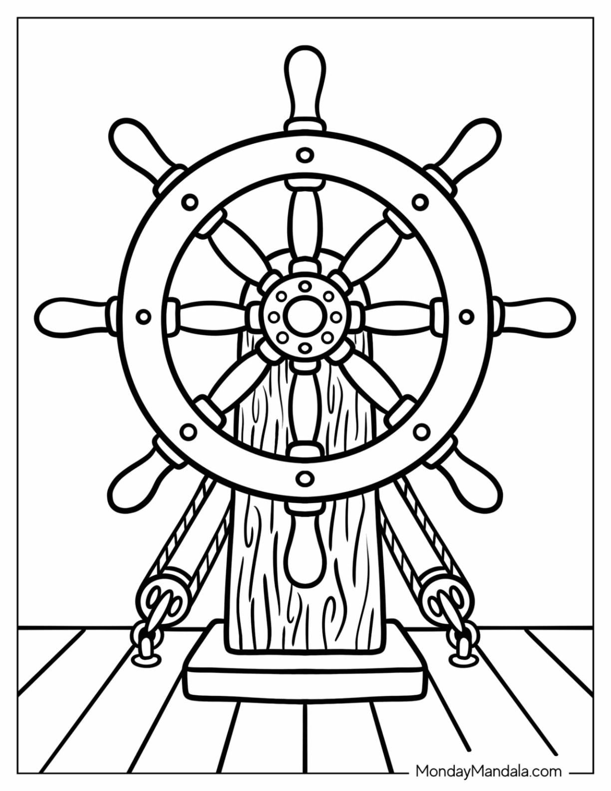 Wooden Pirate Ship Steering Wheel Coloring Page for Kids