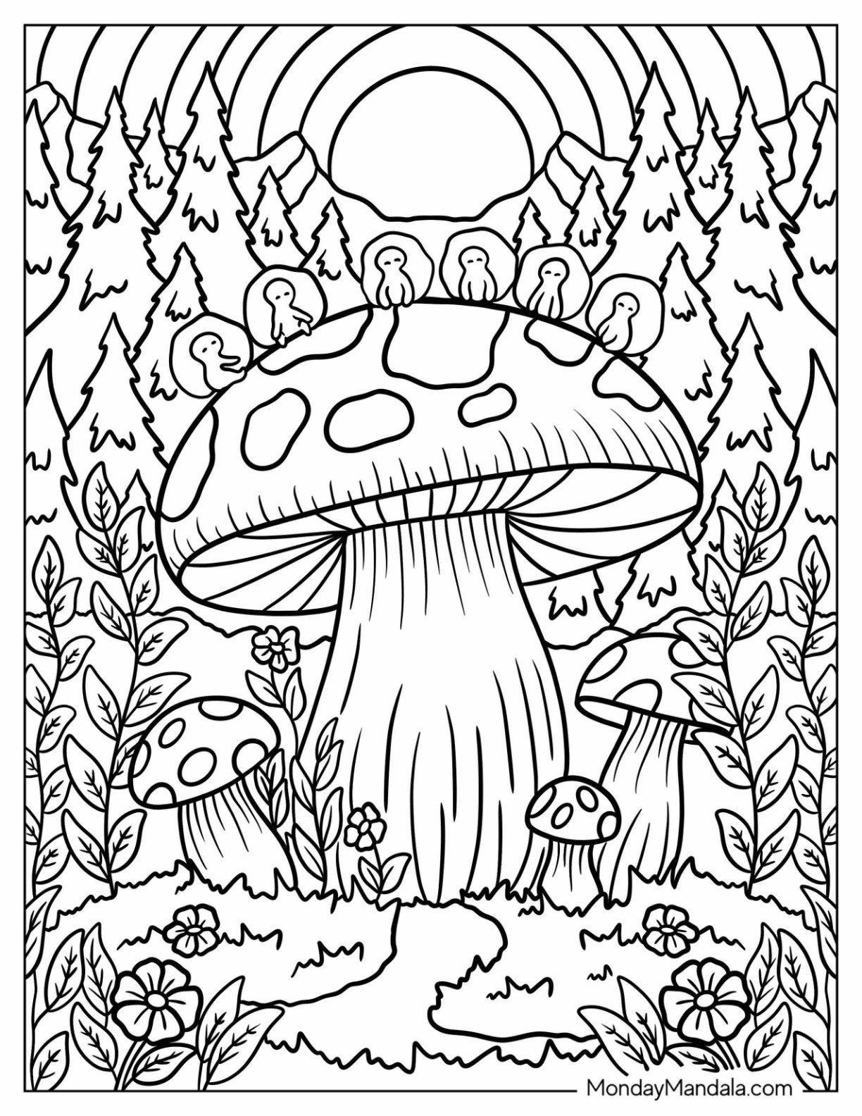 Woodland Birds Resting on a Mushroom at Dawn Coloring Page for Kids