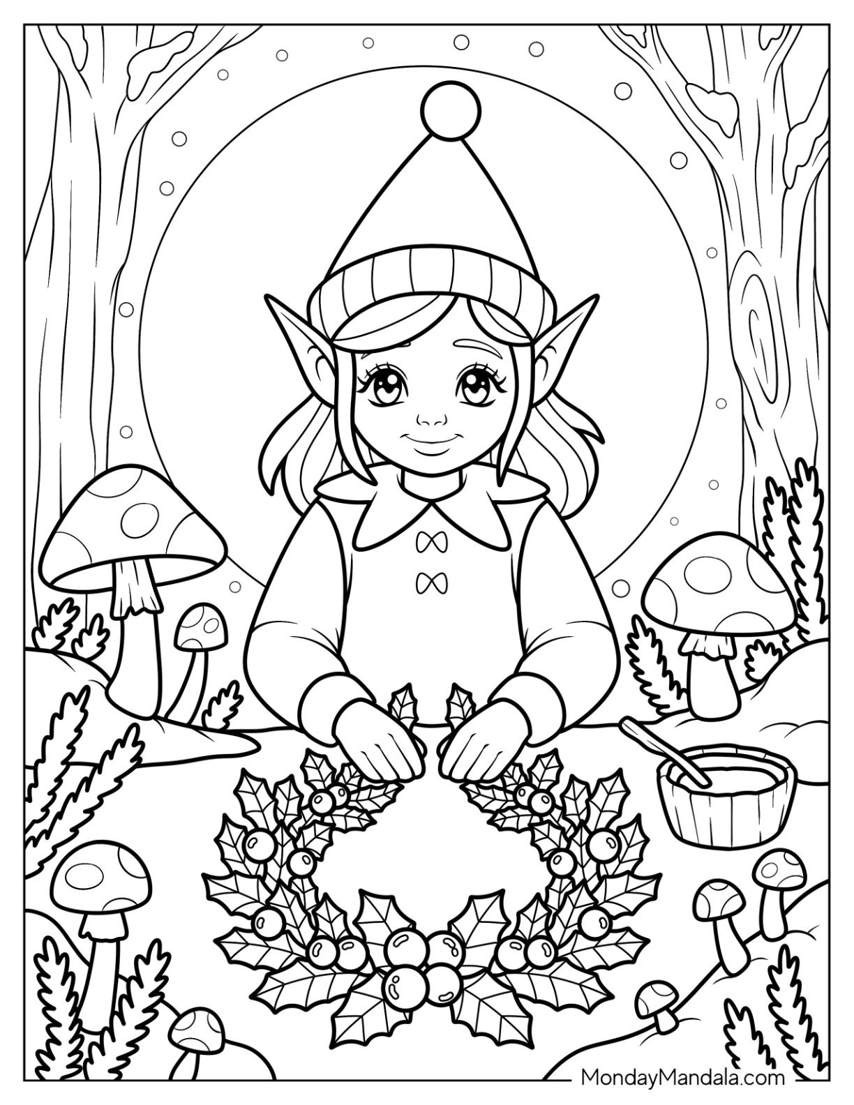 Woodland Elf Coloring Page Making A Holiday Wreath