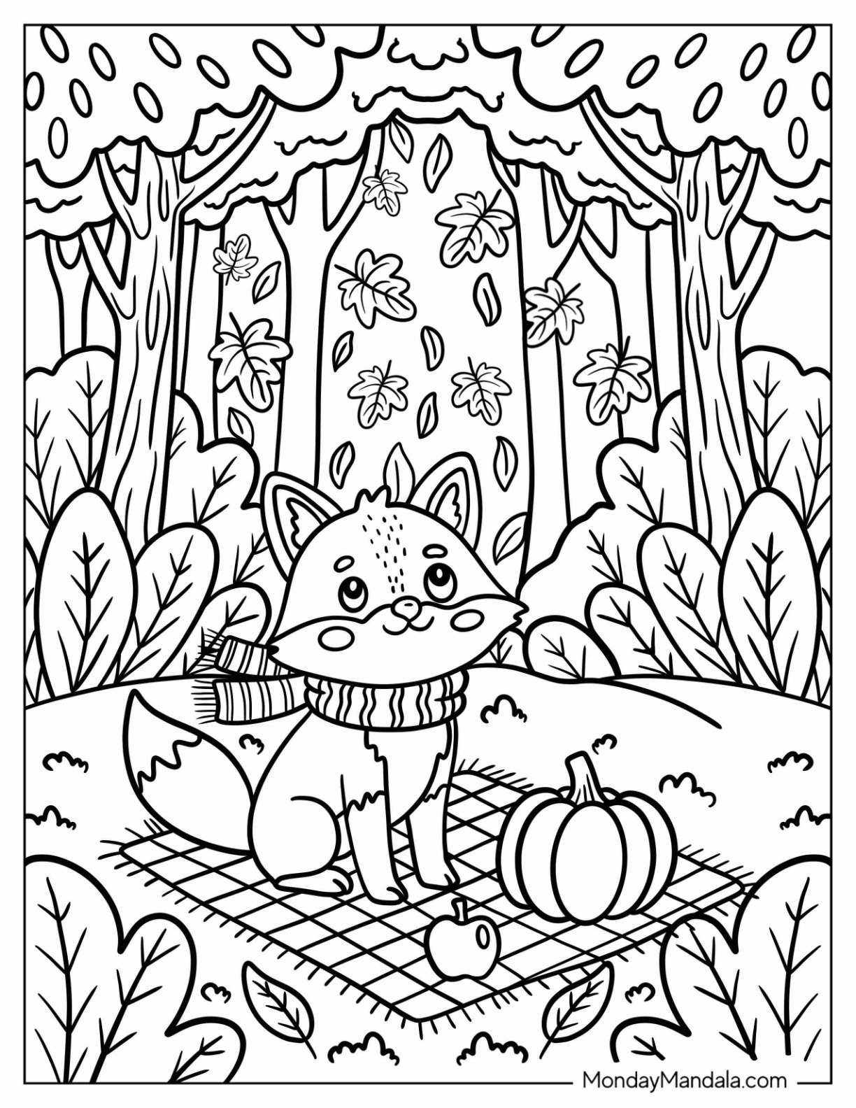 Woodland Fox Relaxing Under Autumn Trees Coloring Sheet