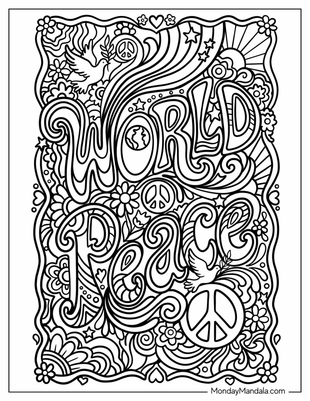 World Peace with Doves and Groovy Symbols Coloring Page