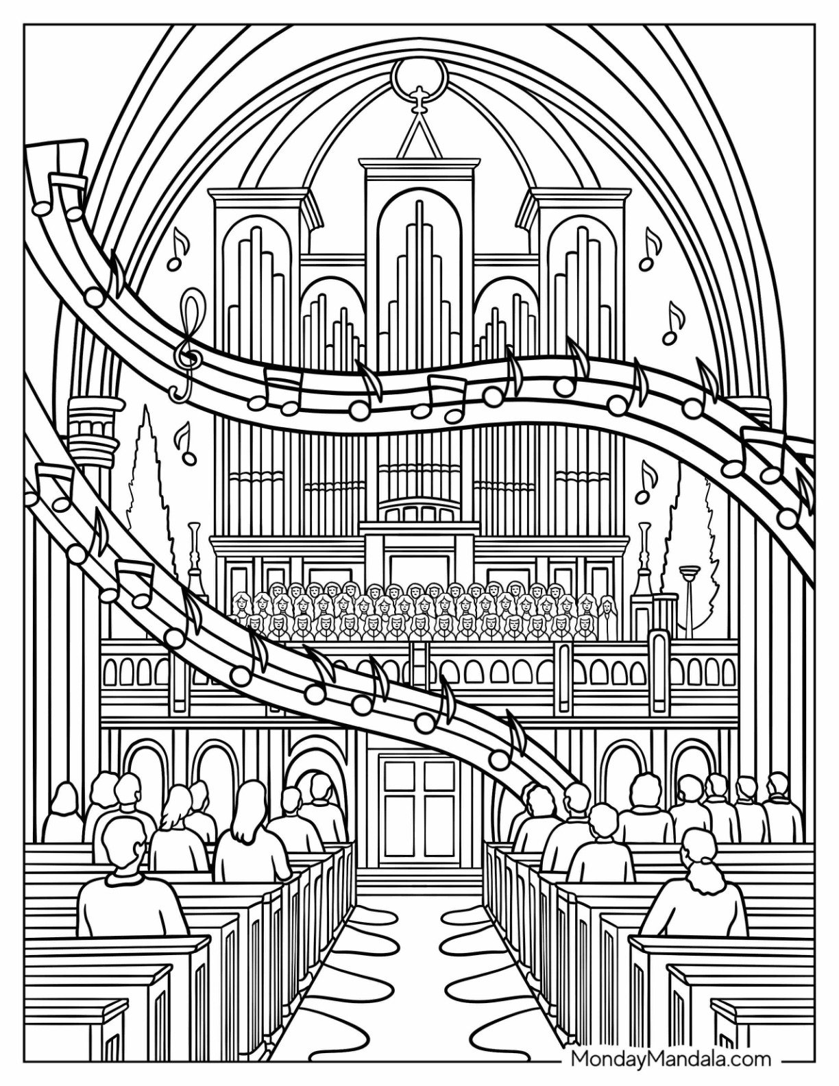 Worshippers in Church Coloring Page Sanctuary with Choir and Organ Music