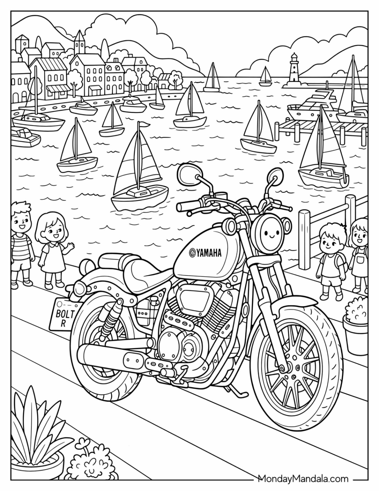 Yamaha Bolt Motorcycle by a Harbor with Sailboats Coloring Page