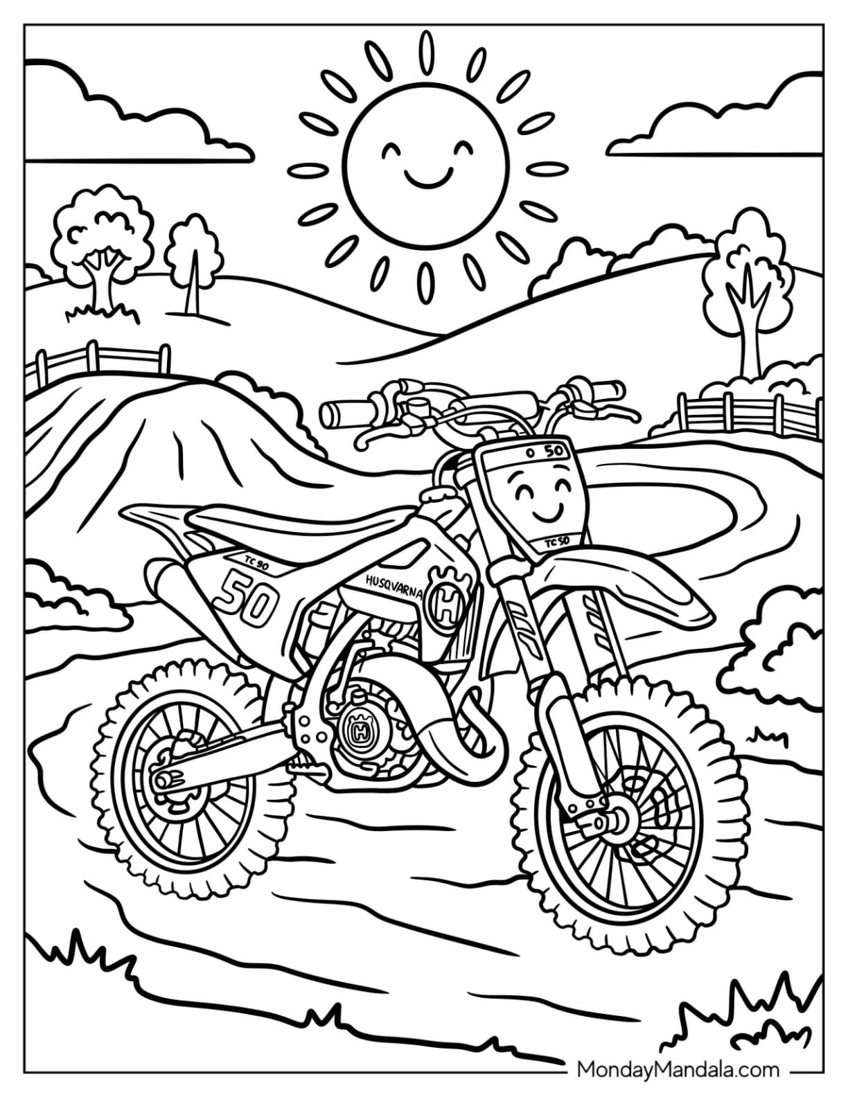 Yamaha Dirt Bike Number 50 on a Sunny Motocross Track Coloring Sheet