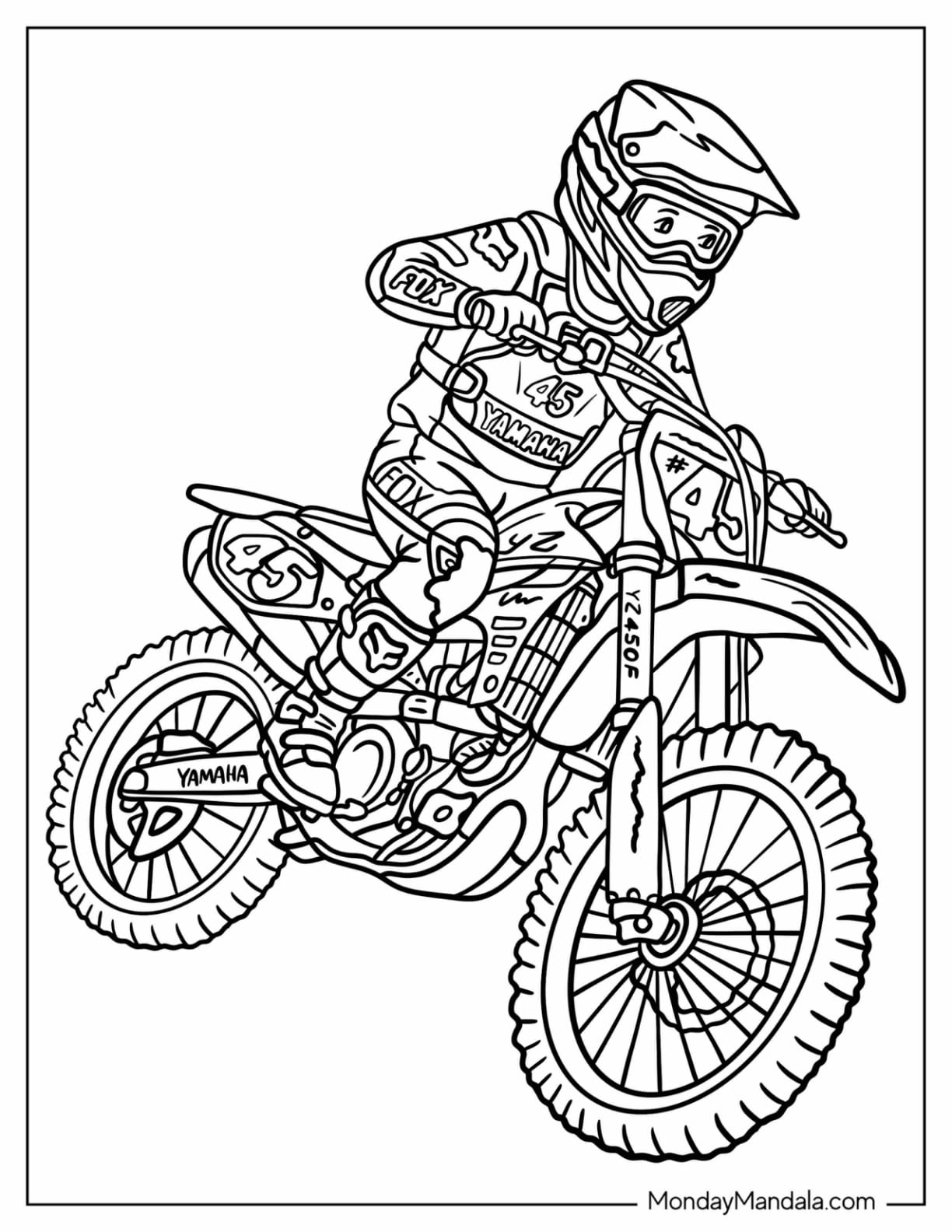 Yamaha Motocross Rider on Dirt Bike Number 45 Coloring Page for Kids