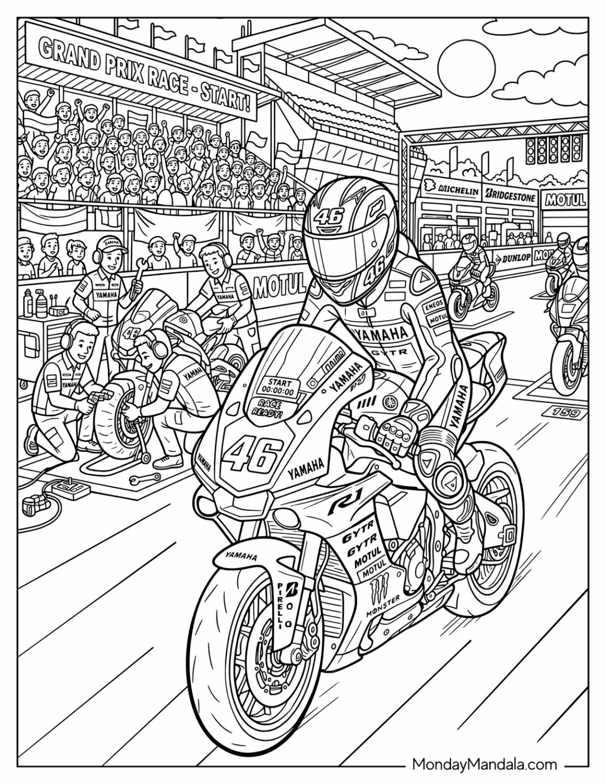 Yamaha Racing Motorcycle at a Grand Prix Race Track Coloring Page