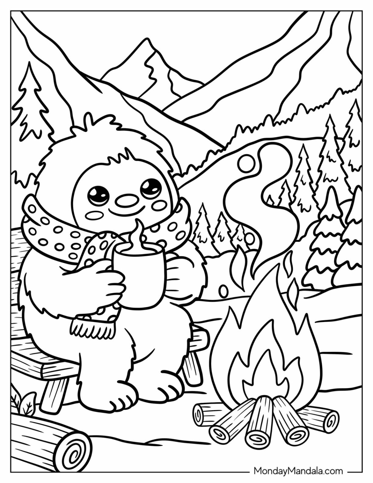 Bigfoot And Yeti Coloring Page of Yeti Holding a Hot Drink in front of a Bonfire
