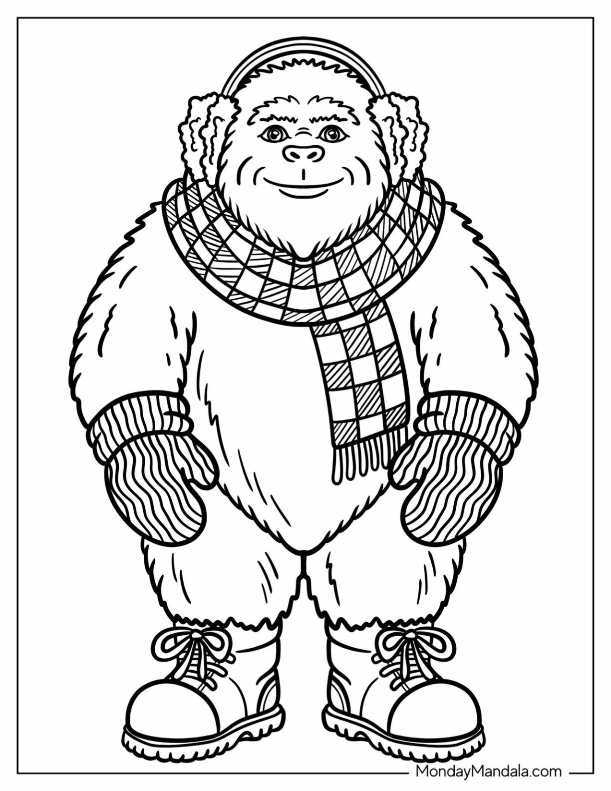 Yeti with Earmuffs, Scarf, and Mittens Coloring Page