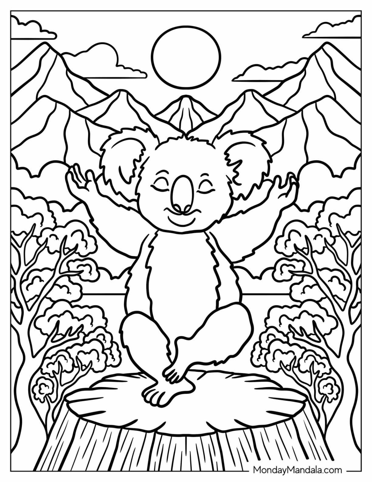 Yogi Koala Coloring Page Meditating in the Wilderness