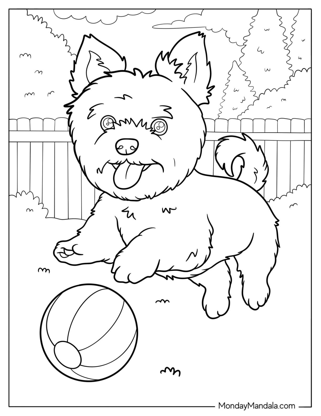 Yorkie Coloring Page of Dog Chasing a Ball Outside