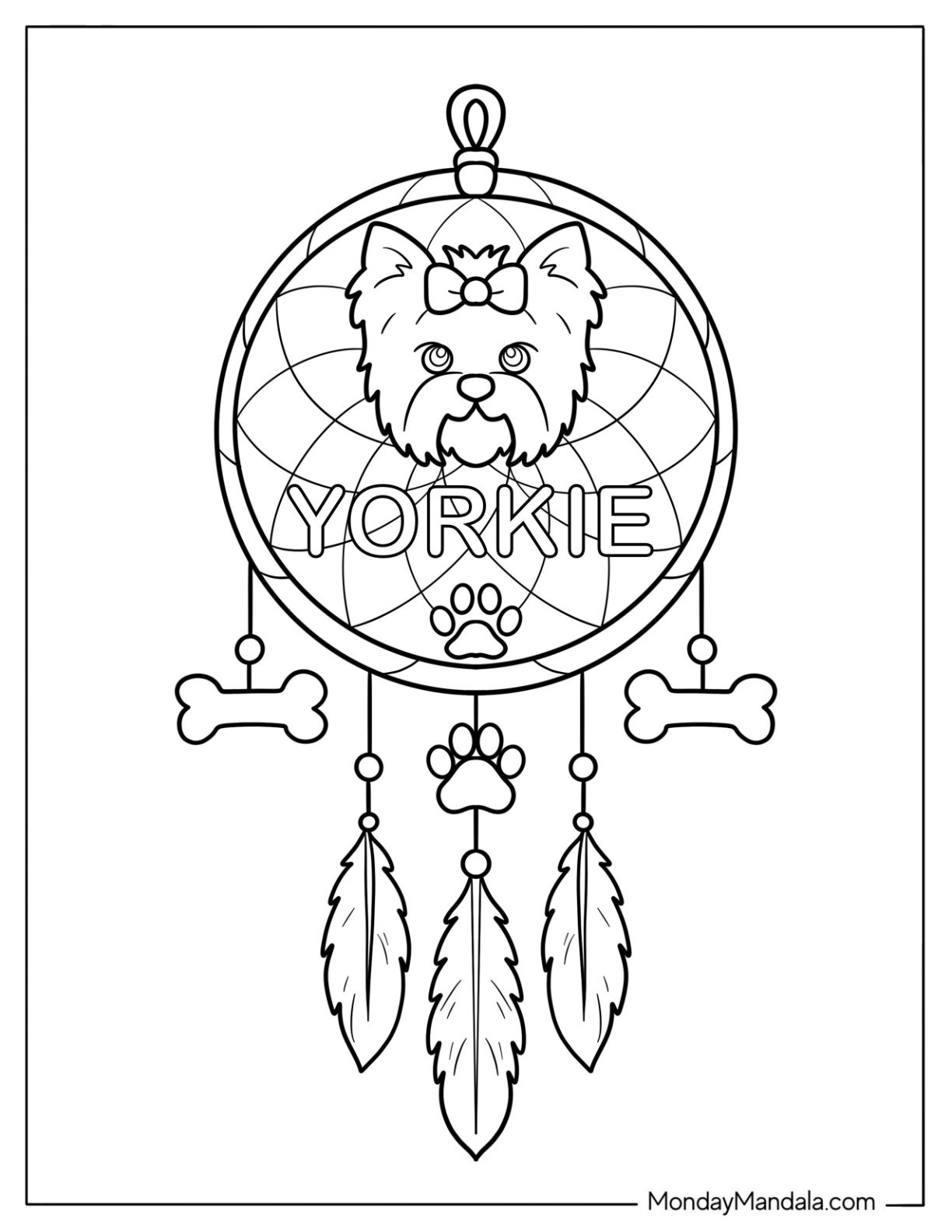 Yorkie Coloring Page of Dreamcatcher with Paw Prints and Bones For Kids