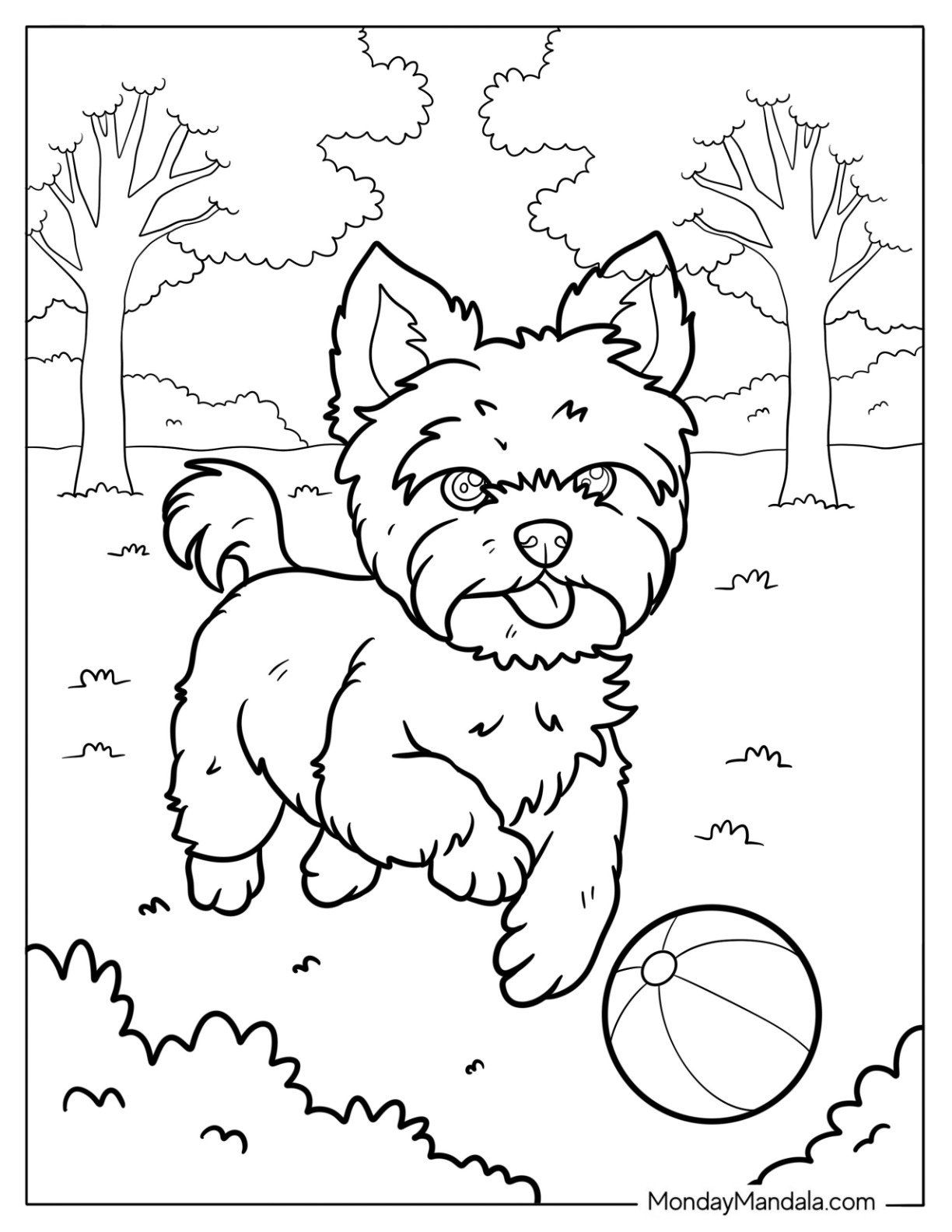 Yorkie Coloring Page of Terrier Playing in Autumn Forest