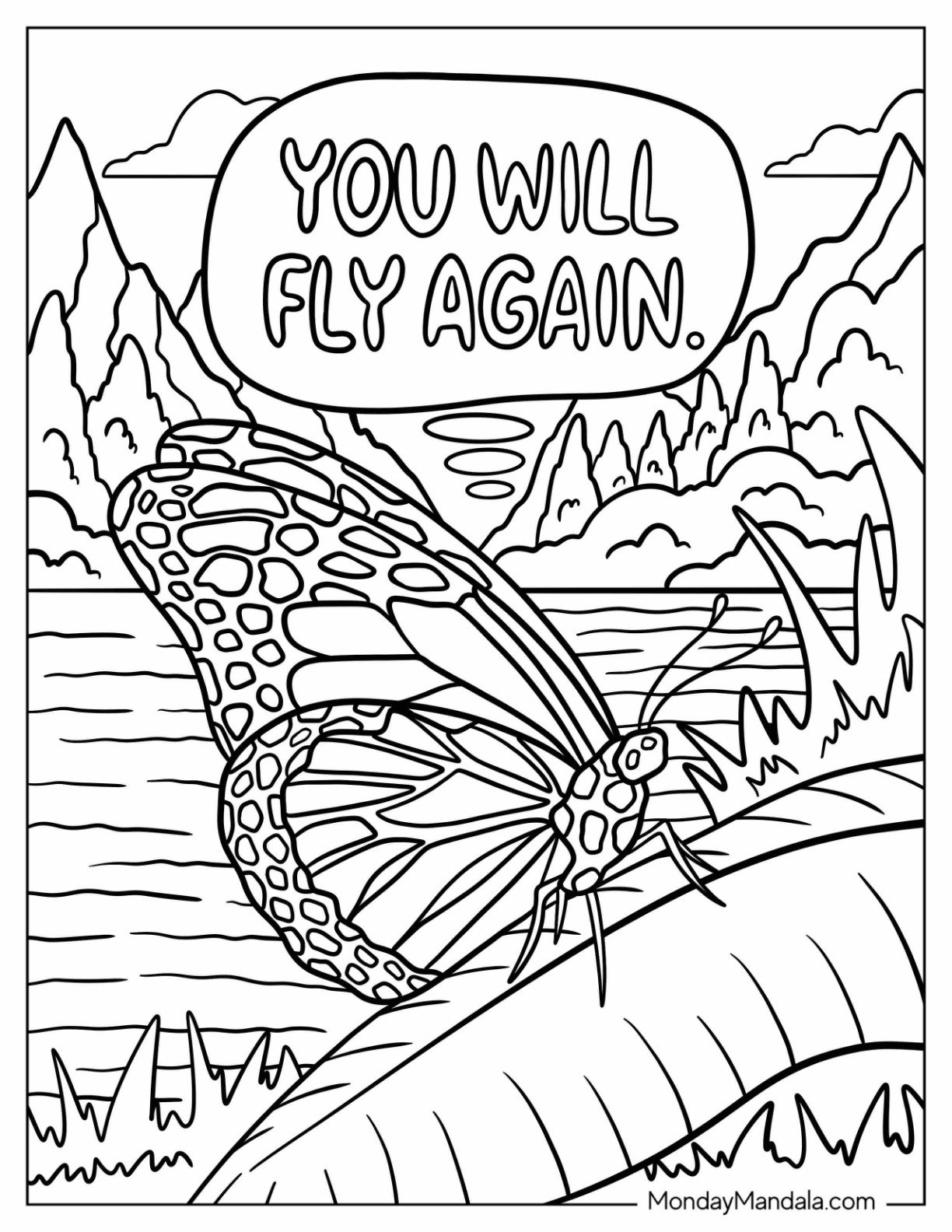 Sad Coloring Page Of You Will Fly Again Over Realistic Butterfly On A Leaf